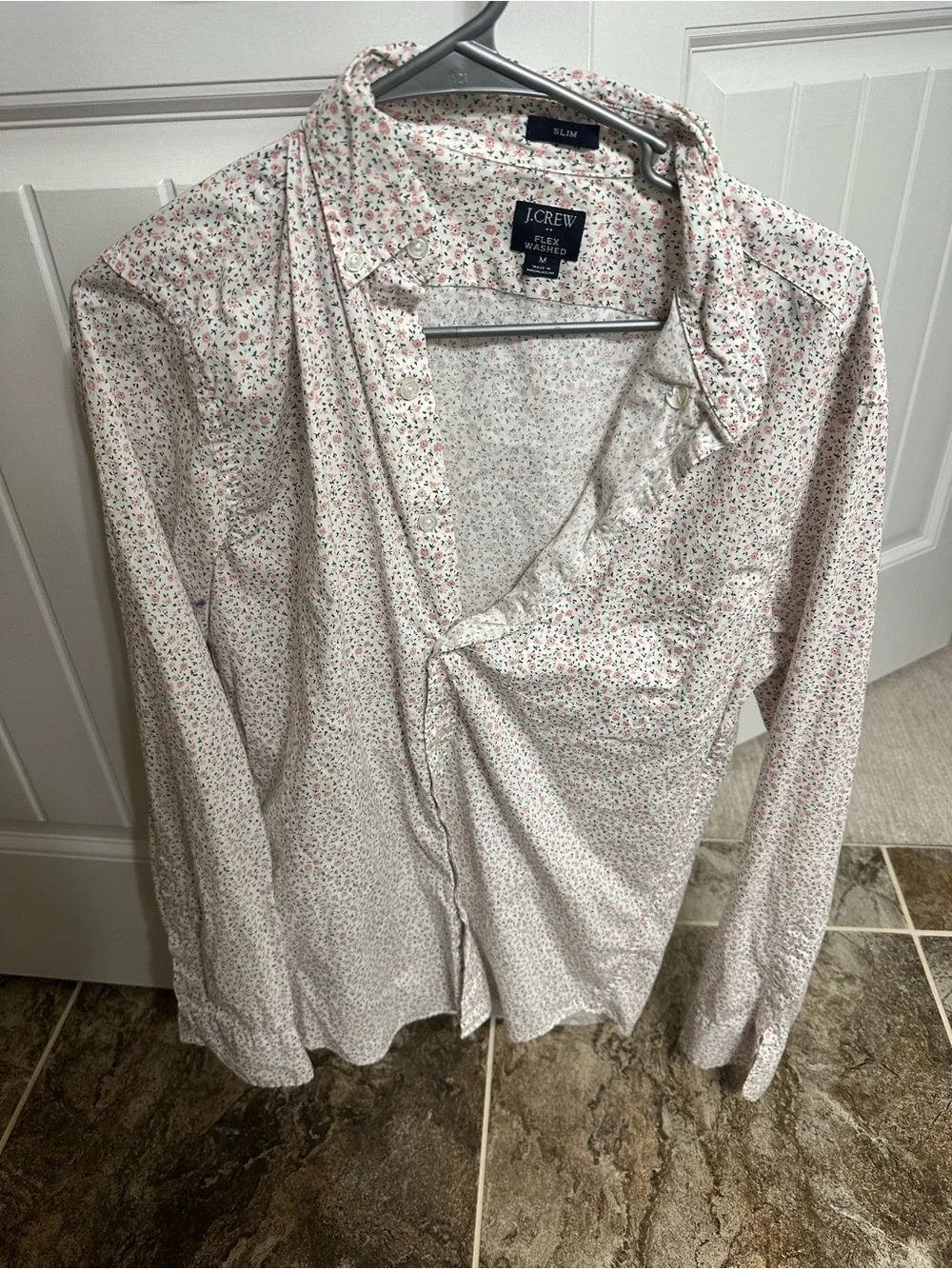 J. Crew White Button-Down Shirt with Pink and Green Micro Floral Print